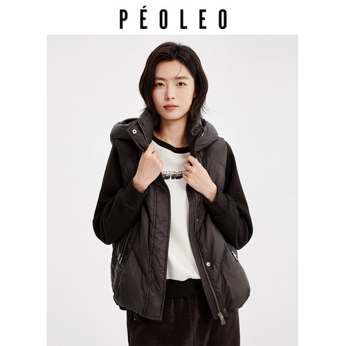 飘蕾咖色连帽羽绒马甲2025冬新款90鸭绒宽松百搭无袖复古背心外套