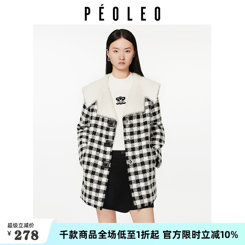 飘蕾小香风千鸟格绵羊毛大衣