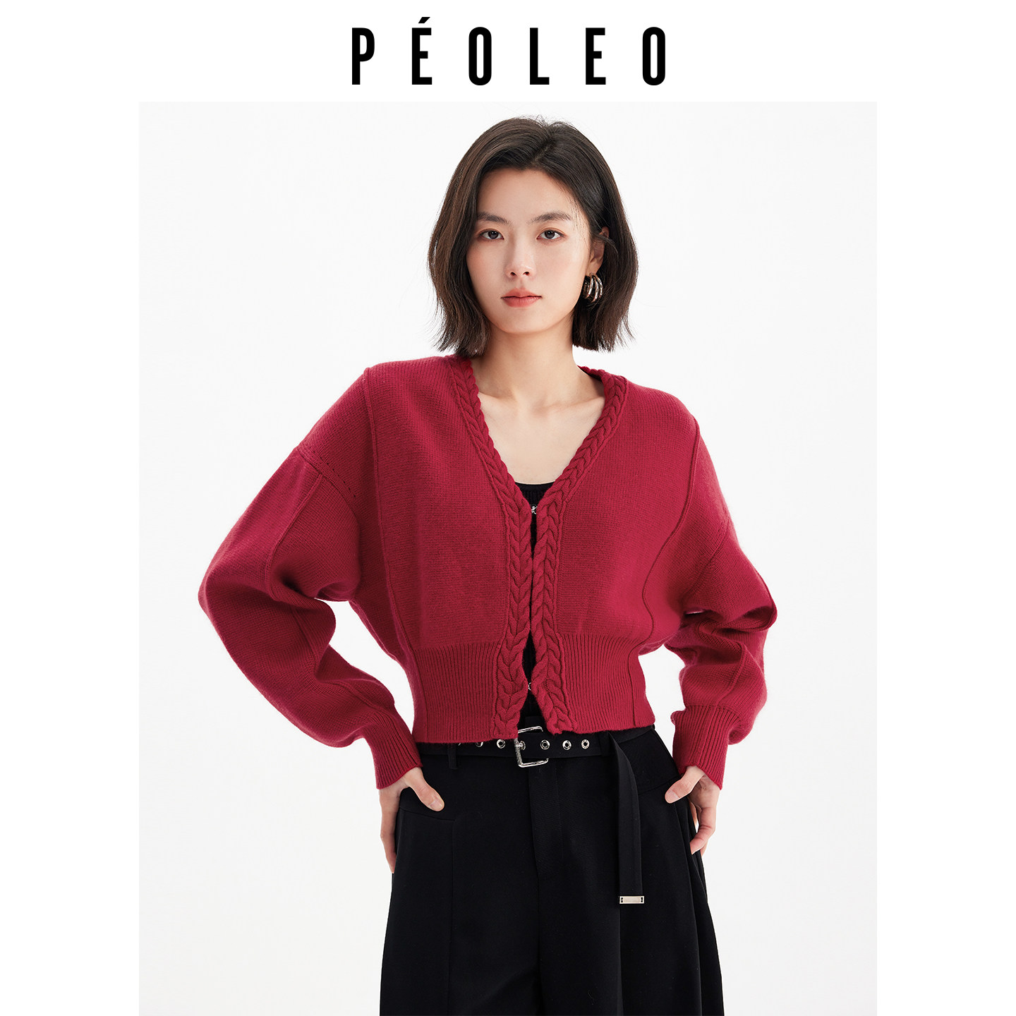 Peoleo飘蕾26年春季新款纯色麻花边针织开衫百搭显瘦绵羊毛上衣女