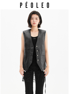 飘蕾黑色皮质通勤马甲女26年春季新款V领金属扣无袖叠穿时髦外套