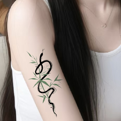 国风水墨竹叶青蛇彩绘纹身贴纸防水妨汗半大腿手臂真刺青女