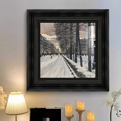 冬季巴黎雪景装饰画法式复古抽象