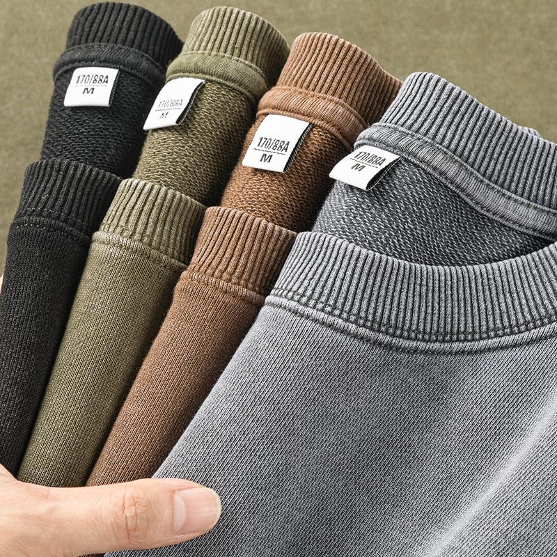 山东即墨源头工厂中山卫衣广州十三行350g美式洗水复古圆领做旧男