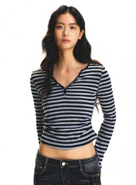 UnderStress 黑白条纹V领长袖T恤女打底上衣慵懒风潮收腰型V领