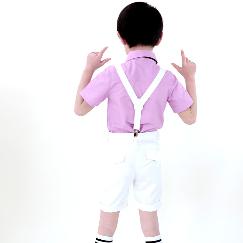 高档儿童花童礼服男童粉红衬衫白色背带短裤主持钢琴合唱表演出服