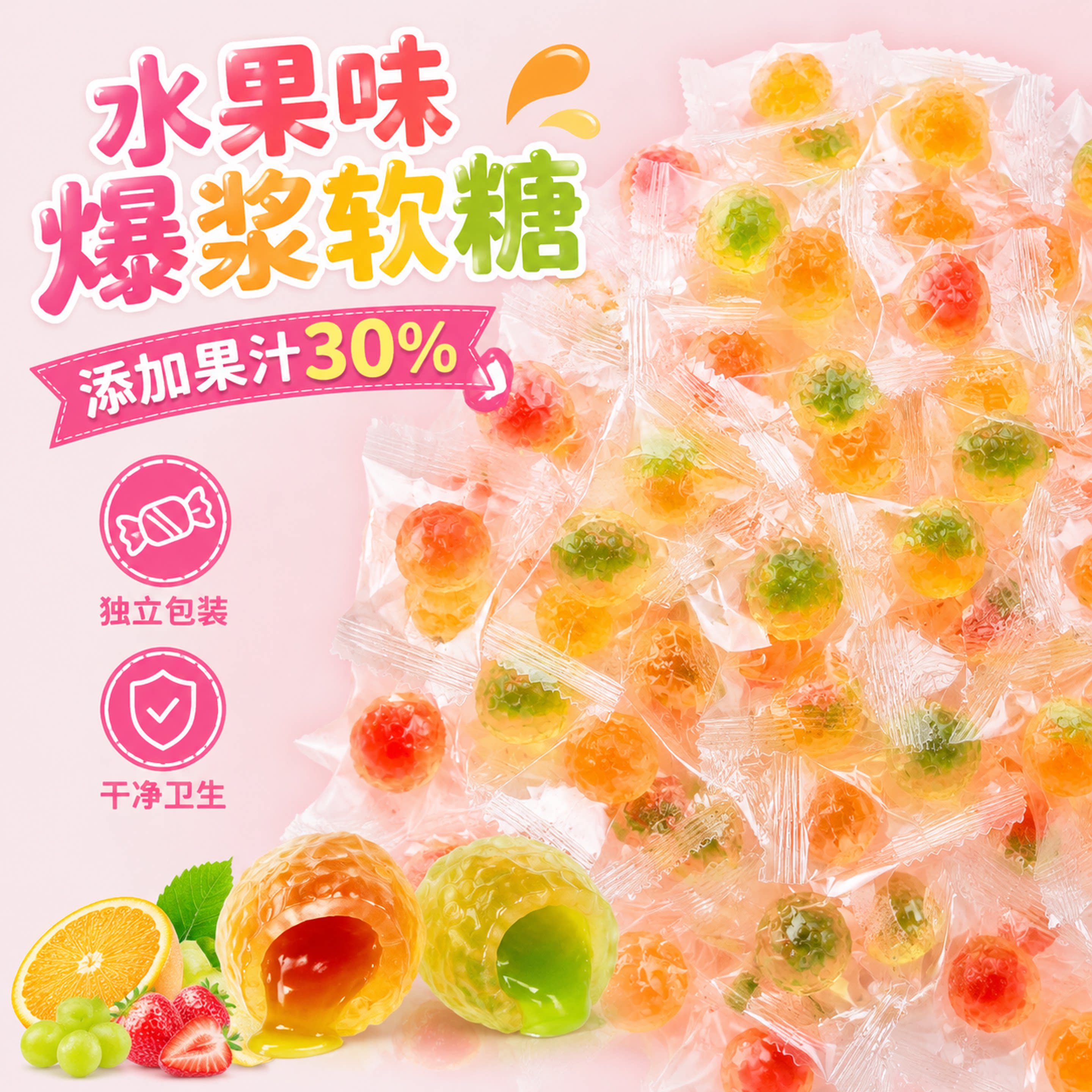 爆浆软糖果汁夹心流心剥皮软糖