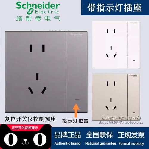 施耐德带指示灯插座 10A五孔 复位开关16A带灯大功率热水器插