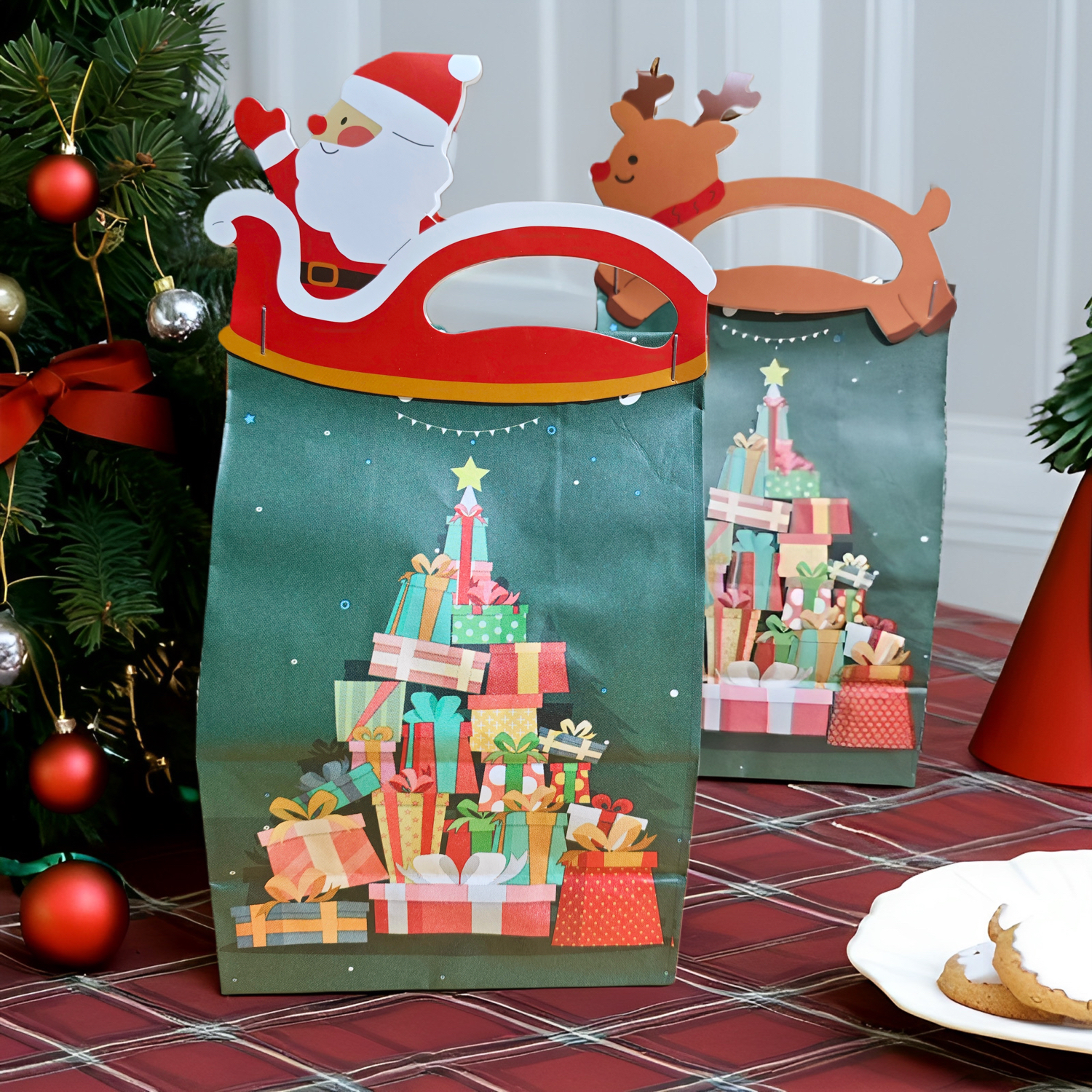 网红新款圣诞节红色帽子款手提包装卡头礼物饼干透明包装牛皮纸袋