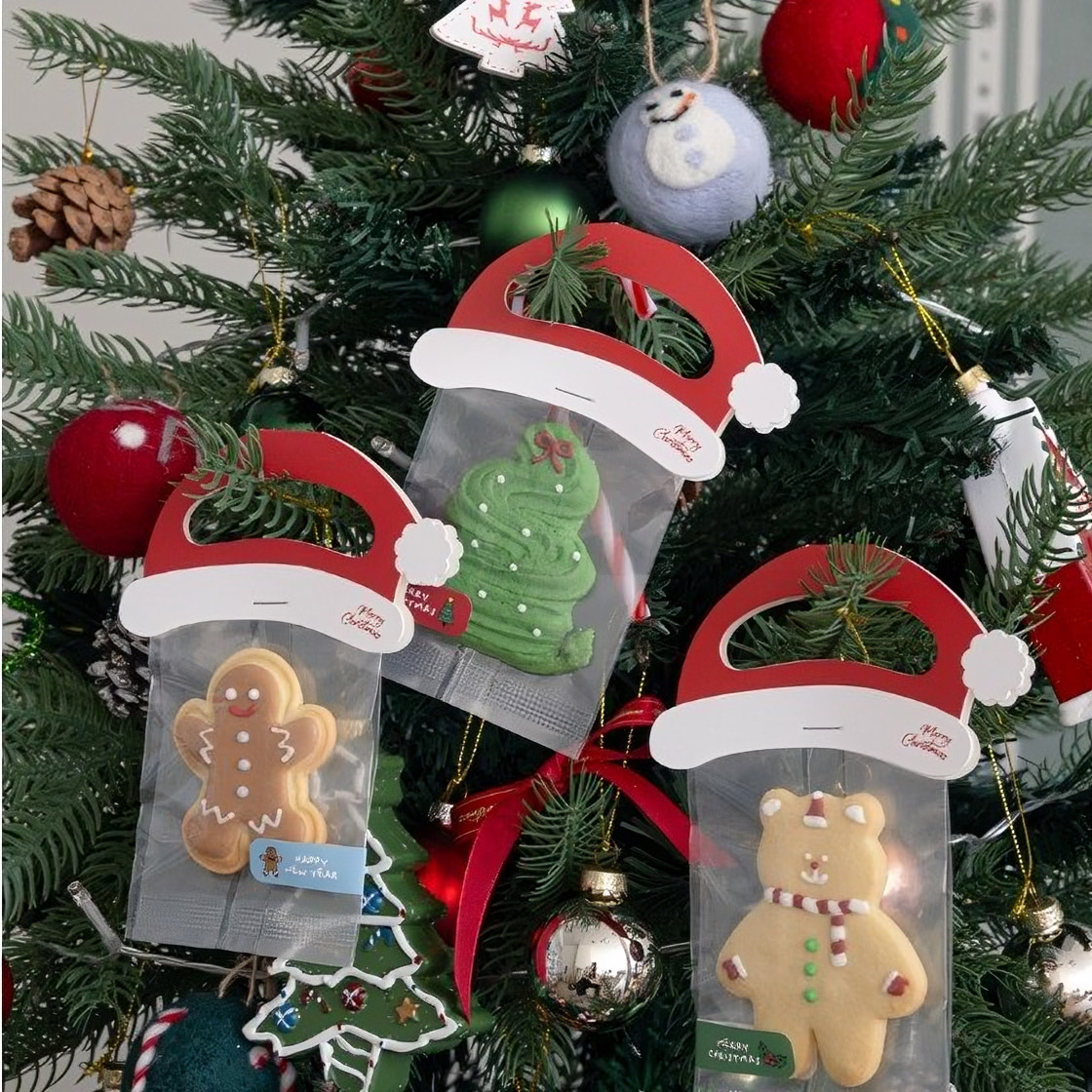 款ins风圣诞节红色帽子款手提包装卡头礼物饼干透明包装牛皮纸袋