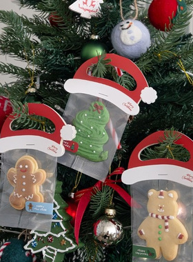 款ins风圣诞节红色帽子款手提包装卡头礼物饼干透明包装牛皮纸袋