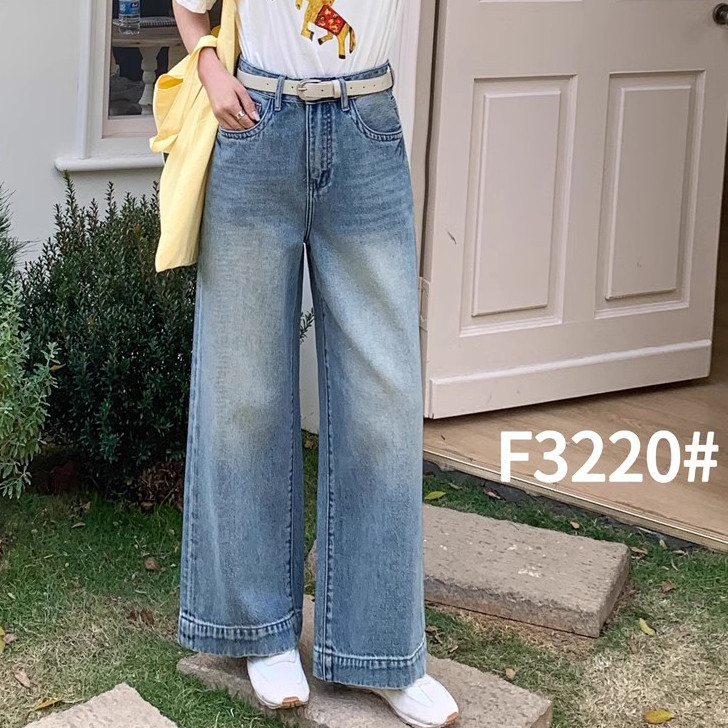 2025春新款千子F3220浅蓝色欧货高腰牛仔裤女宽松直筒阔腿裤九分