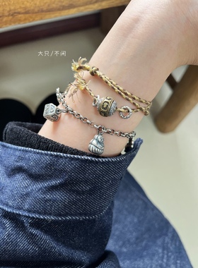 不闲原创手作 圆满护身符双圈手绳 925银护身 大只不闲 情侣手绳