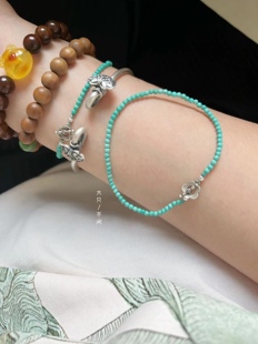 不闲原创手作 原矿绿松小米珠 复古小花花 纯银手链女单圈文玩