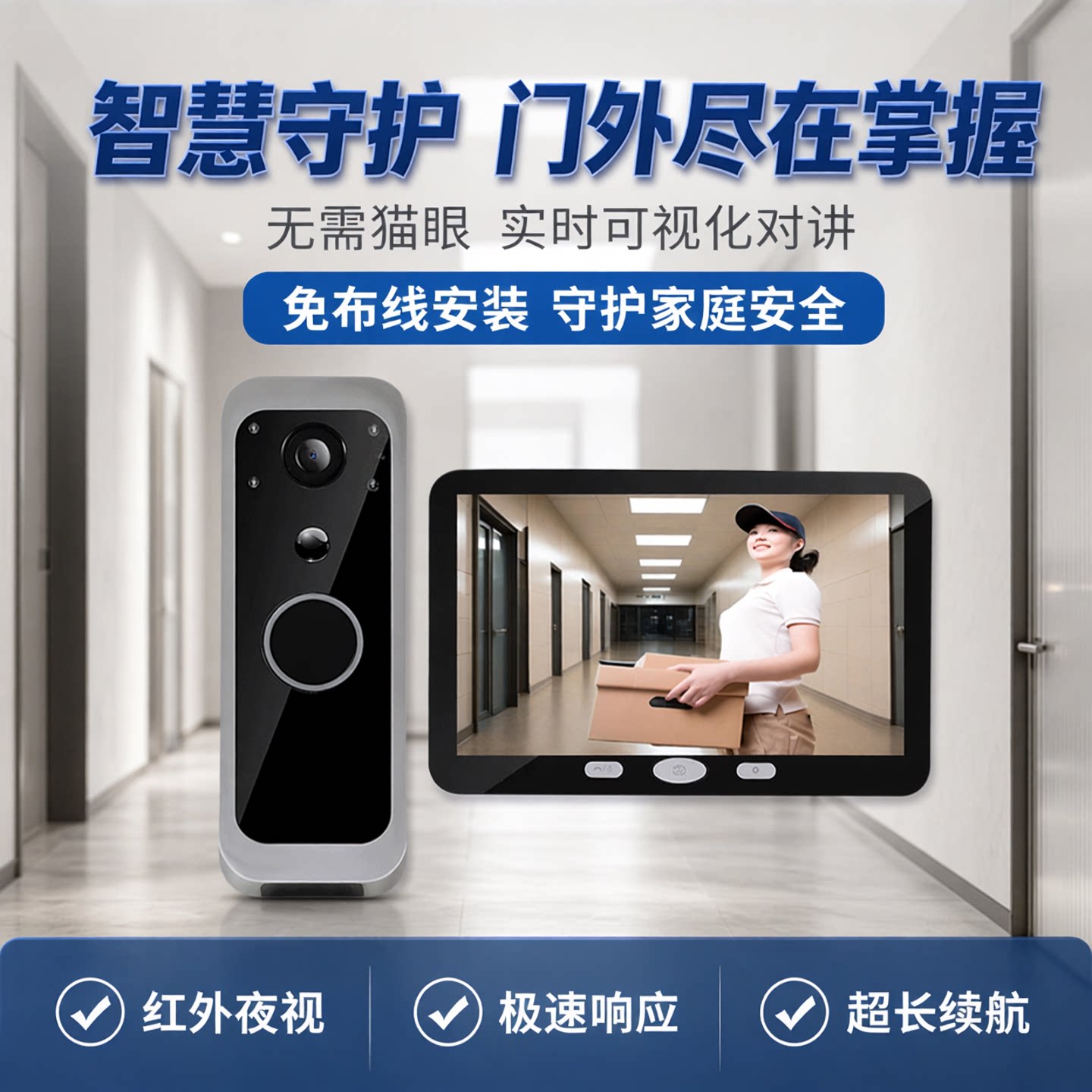 无线智能可视门铃家用监控带显示屏WiFi摄像头涂鸦智能猫眼手机远程语音高清夜视电池长续航大广角门口防水