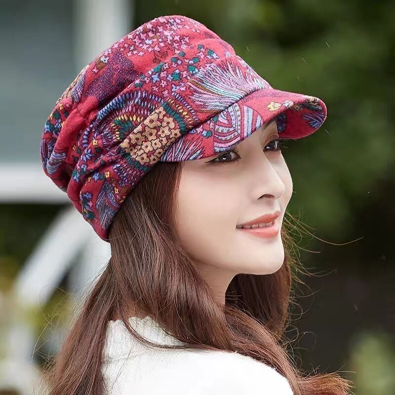 帽子民族女士碎花新款韩版韩版潮保暖帽檐鸭舌帽春秋冬季棒球帽