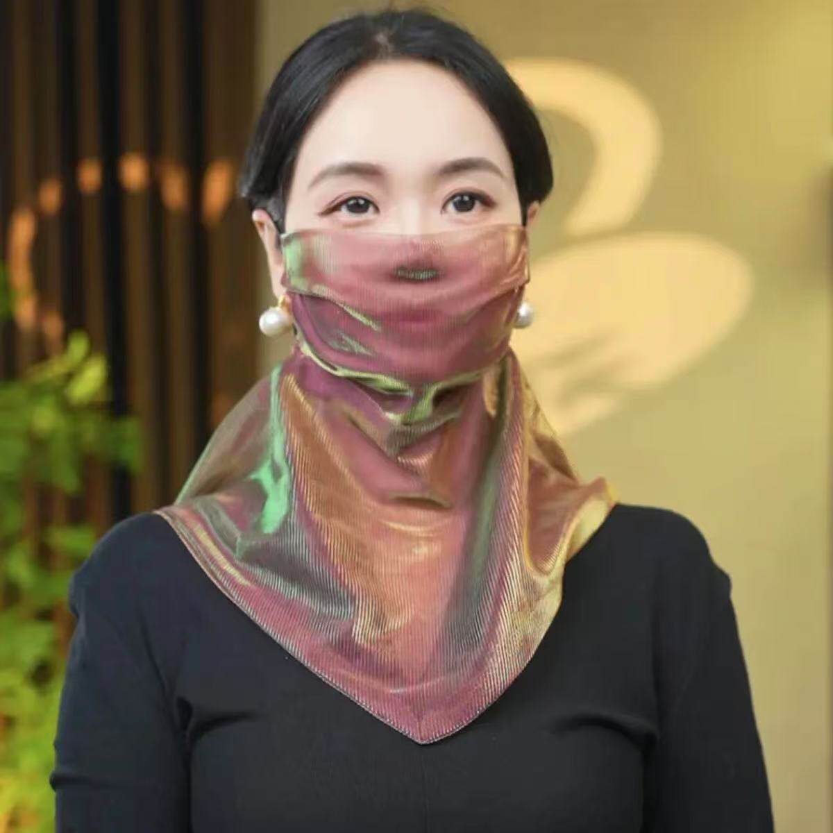 韩版新款夏季防晒面纱炫彩挂珠多功能围巾丝巾时尚洋气款面罩百搭