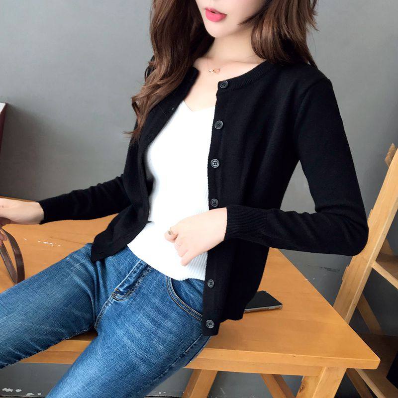 外搭薄款针织开衫女春秋短款黑色圆领上衣百搭修身长袖小外套毛衣