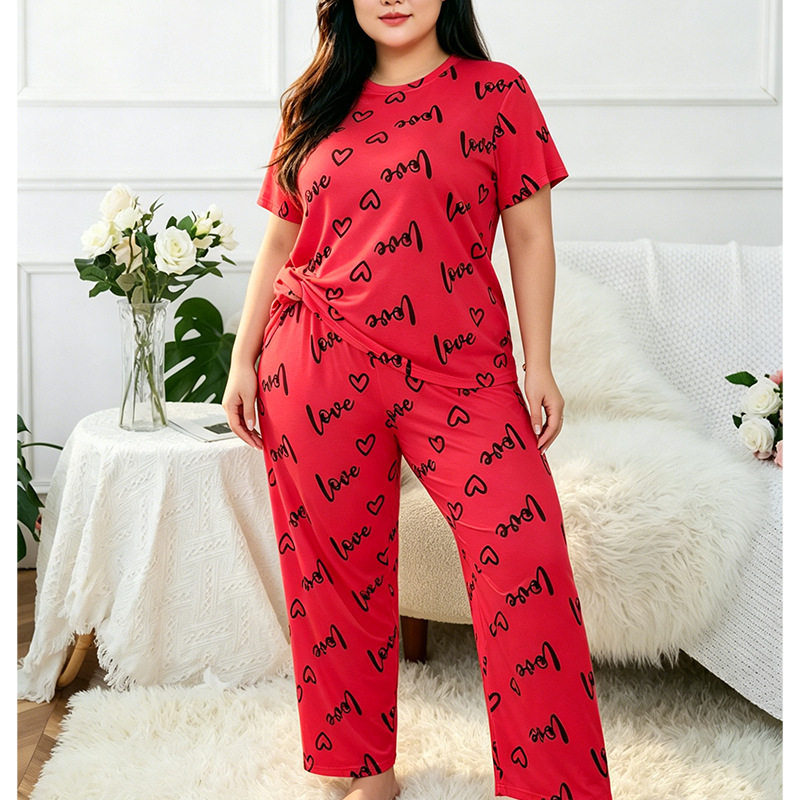 欧美风家居服加大加肥英文字母爱心圆领大码短袖长裤女式睡衣套装