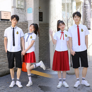 中学生校服 毕业班服 舞蹈表演合唱团服装白衬衣红裙子套装