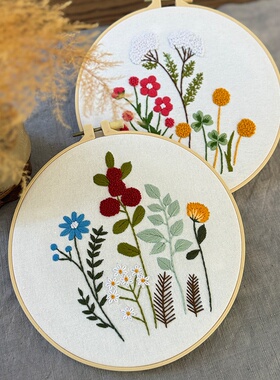 简单花草新品刺绣diy花卉挂画鲁绣手工布艺材料包套件创意英文画