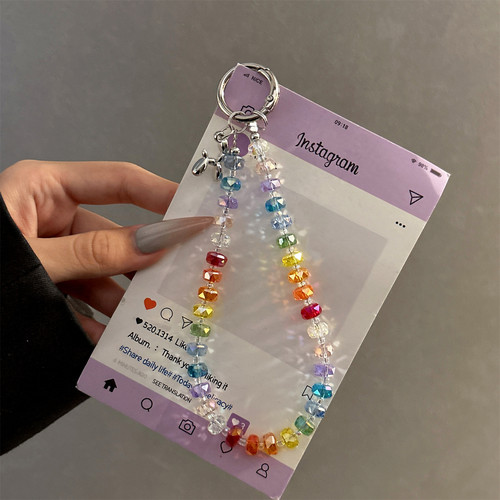 彩虹挂链水晶串珠链女多巴胺爆闪手工挂绳包包挂件汽车钥匙扣