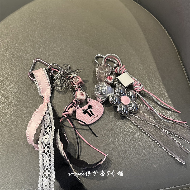 甜美ins可爱蝴蝶结花朵包包挂链车钥匙书包挂坠airpods耳机壳挂饰