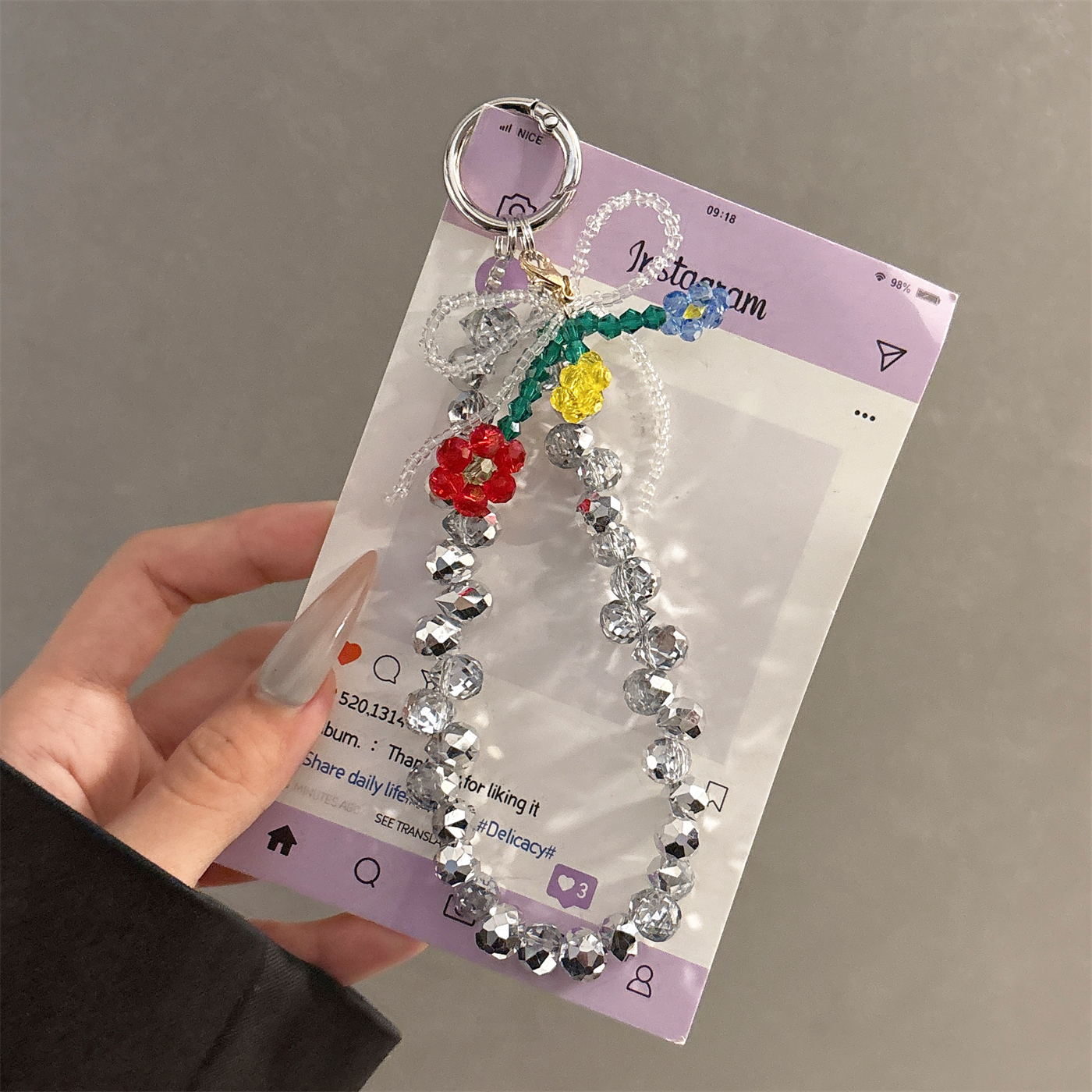 水晶花朵链条奢华水晶串珠手机壳链挂饰汽车钥匙包包挂件手拎短链