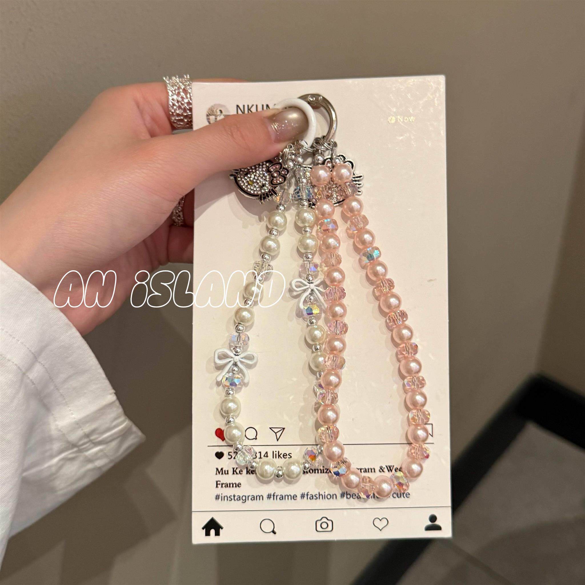 ins镶钻KT链条链粉色钻珍珠ccd挂链水晶挂饰女高级感闪钻小猫