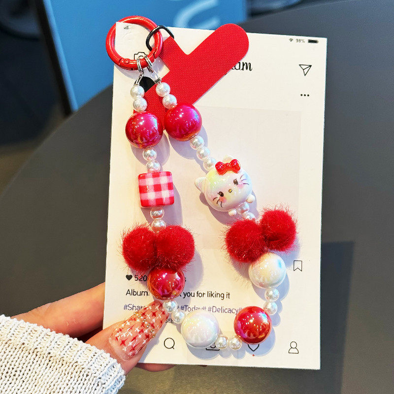 可爱招财kitty猫红色挂绳手提链毛球串珠耳机套配饰包包挂件
