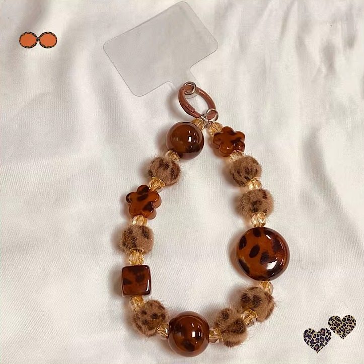 新款豹纹链原创设计挂链手工串珠腕带链条手链琥珀色钥匙扣