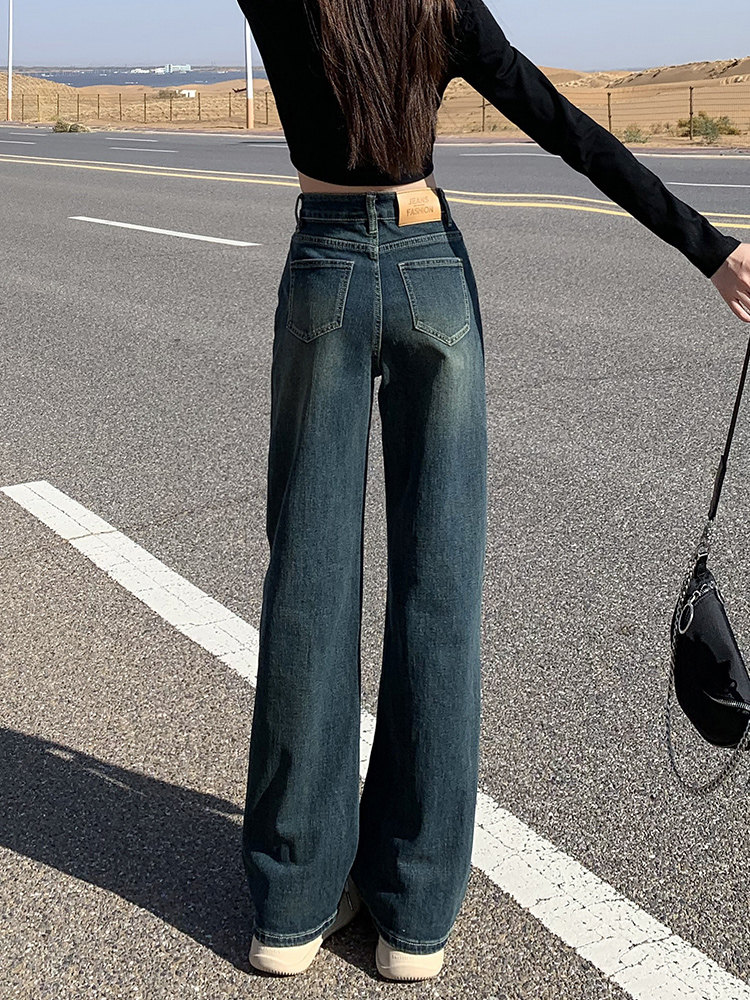 High-waisted slim wide-leg jeans for women, new 2025 autumn and winter style, cement gray with fleece lining, loose and slimming straight pants