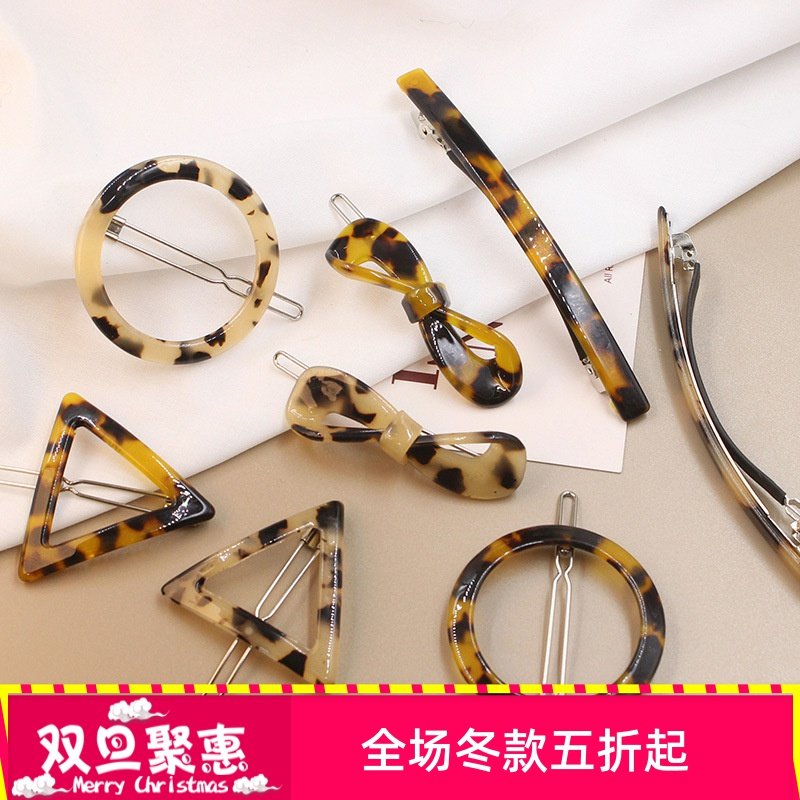 ins简约风玳瑁发夹 复古豹纹琥珀色几何蝴蝶结刘海夹边夹韩国发饰
