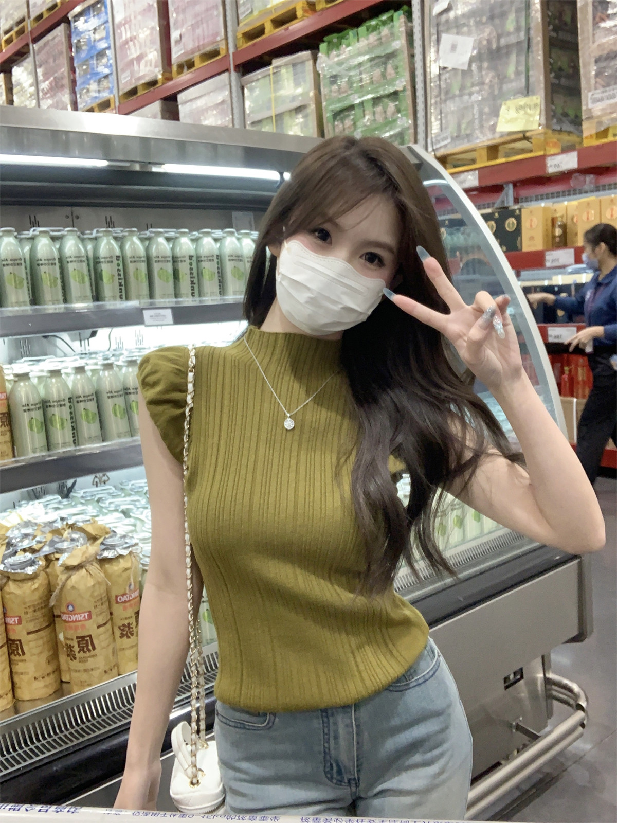 MTHE 春夏韩版修身半高领花边包袖显瘦设计感针织上衣 女款