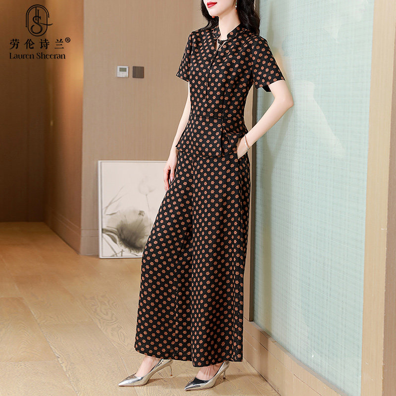 贵妇人花罗香云纱套装新款高端阔太太妈妈两件套阔腿裤真丝上衣女