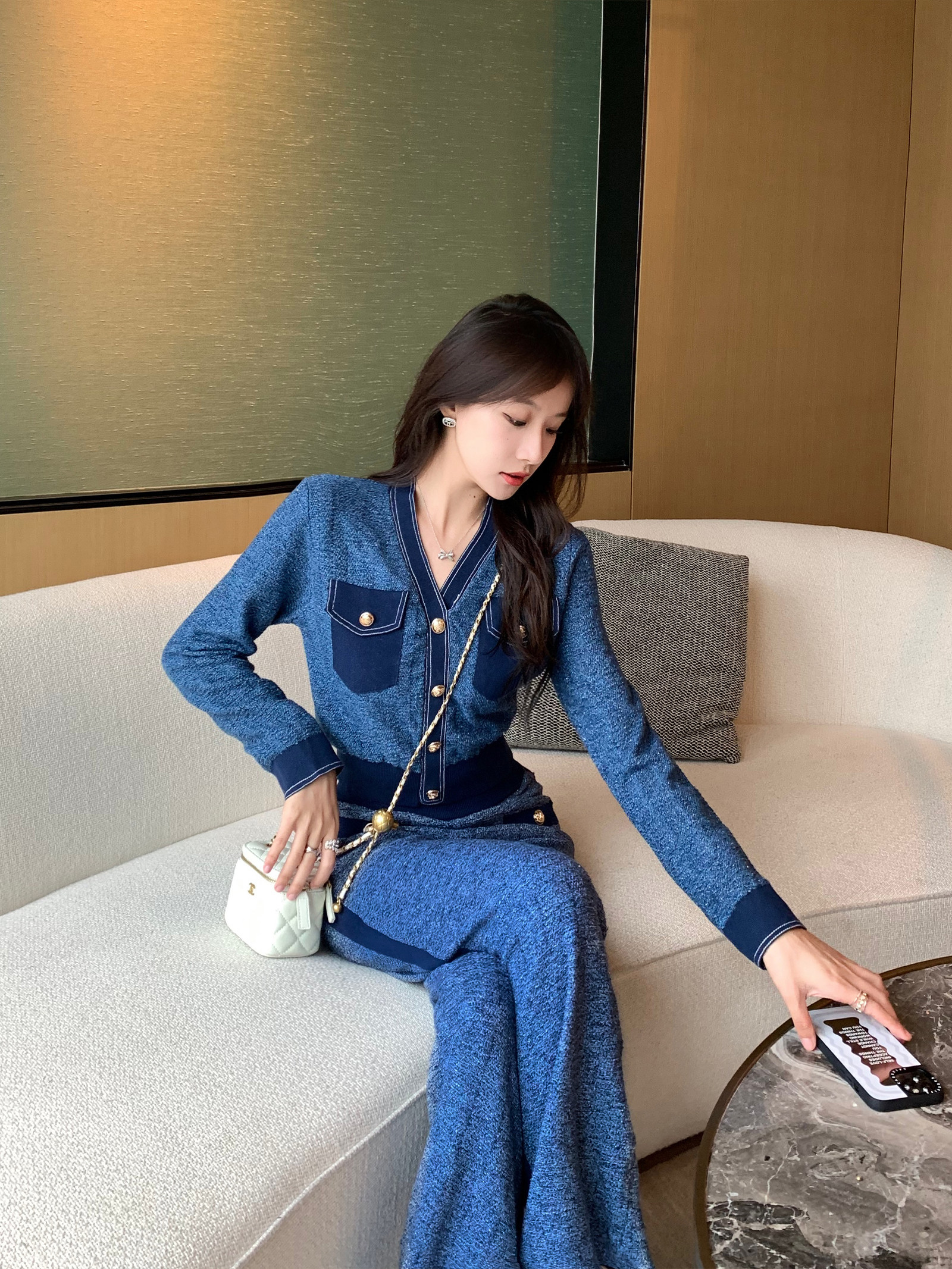 MUEL 오리지널 스몰 향수 니트 슈트 2024 새로운 여성 가을 ??연예인 기질 하이 엔드 외국 스타일 투피스 세트