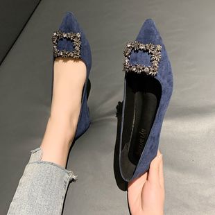 平底水钻职业工作鞋 浅口尖头软底方扣单鞋 时尚 女2025春夏季 女 新款
