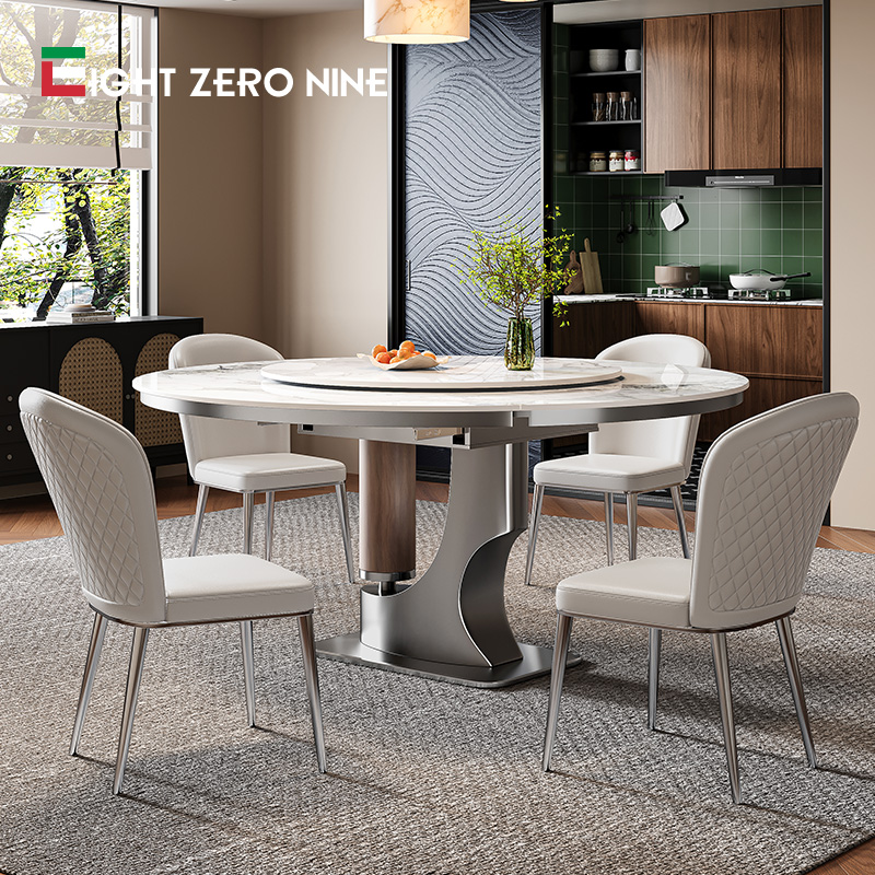 中古风伸缩岩板餐桌家用小户型暖菜板电磁炉不锈钢高端餐桌椅子