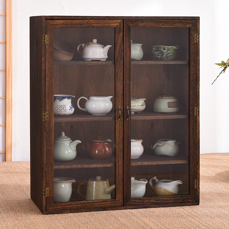 精品实木茶杯博古架桌面收纳柜茶具防尘玻璃化展示茶柜茶壶置物架