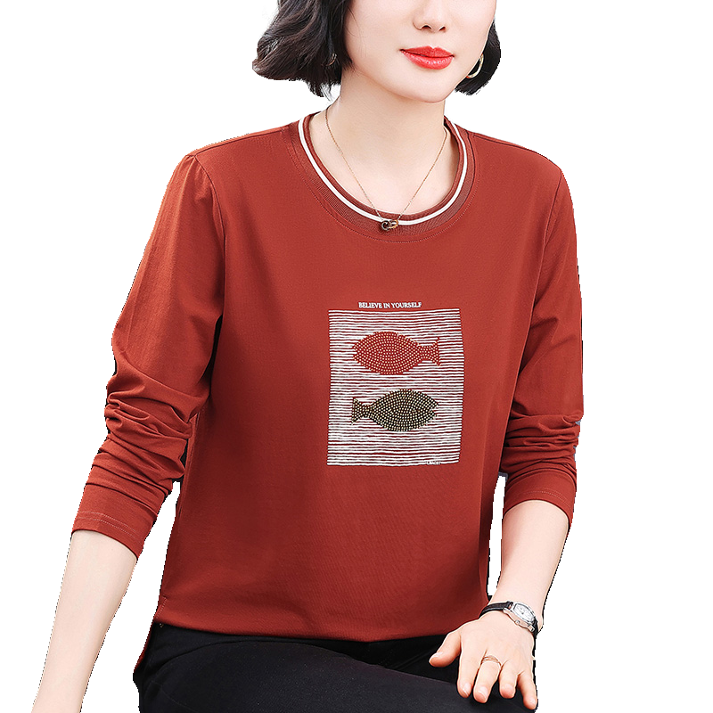 春季新款2025妈妈纯色烫钻长袖T恤中老年女装宽松纯棉洋气打底衫