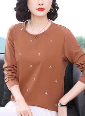 妈妈秋季新款纯棉刺绣T恤杉中年女装休闲纯色长袖上衣显瘦打底衫