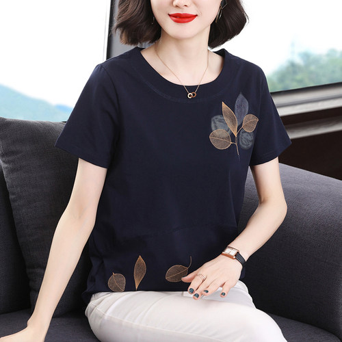 纯棉短袖t恤女洋气绣花上衣50岁妈妈夏装2026新款宽松休闲半袖t - 封面