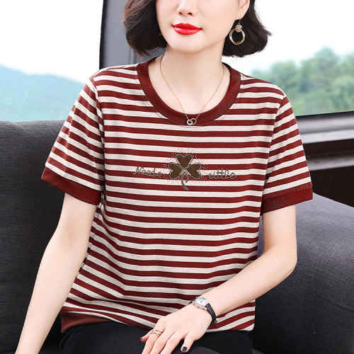 妈妈新款夏季时尚条纹短袖T恤杉中老年女装减龄宽松烫钻休闲上衣