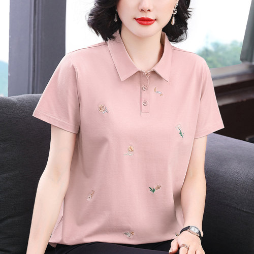 妈妈纯棉翻领短袖T恤中老年女装