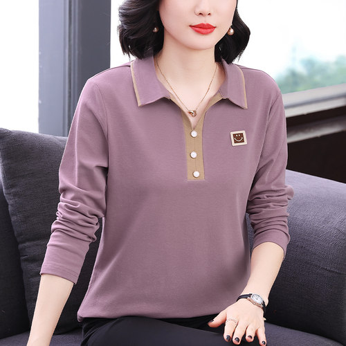 妈妈装翻领长袖T恤新款秋装中老年女装减龄宽松POLO领上衣打底衫