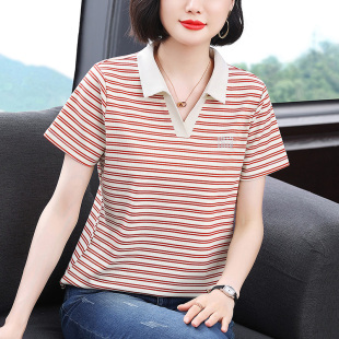 妈妈翻领细条纹短袖T恤衫2025新款中年女士宽松POLO领半袖上衣服