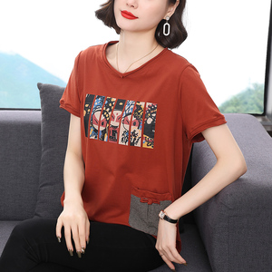 短袖纯棉t恤女2024新款夏季大码宽松妈妈显瘦印花休闲半袖上衣服