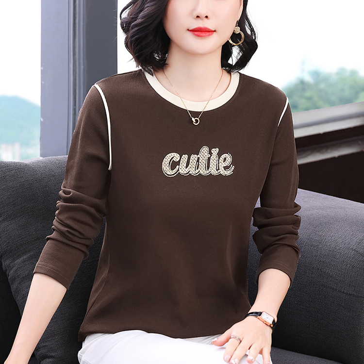 秋季时尚女装烫钻撞色上衣中老年妈妈减龄长袖T恤衫女休闲打底衫