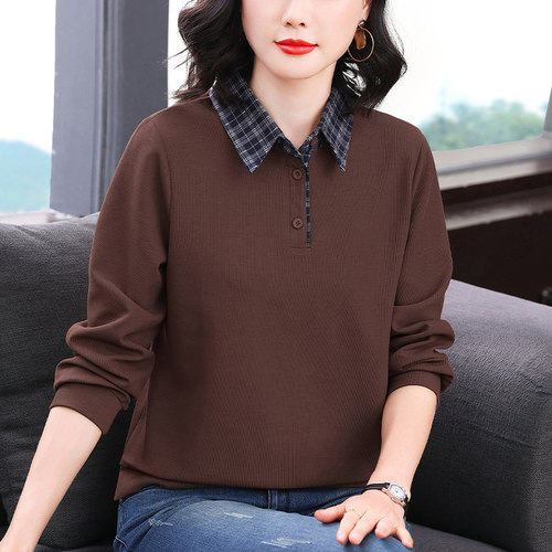 妈妈装秋季新款假两件卫衣中年女装长袖翻领洋气时尚大码宽松上衣