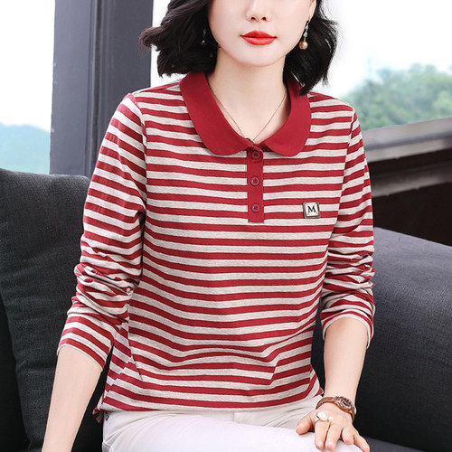 妈妈装秋季翻领长袖T恤衫