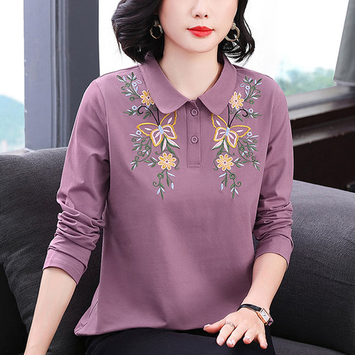 妈妈装秋季翻领长袖T恤衫